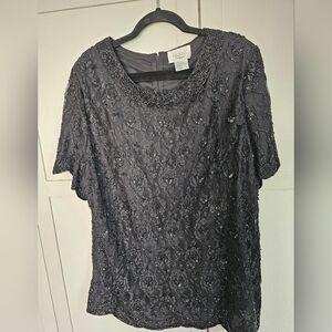 Vtg Candlelight & Champagne Black Beaded Sequin Top 24W Lace Formal Blouse Lined
